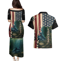 Catfish Fishing Couples Matching Puletasi and Hawaiian Shirt with Underwater Scene and Distressed American Flag Background - Wonder Print Shop