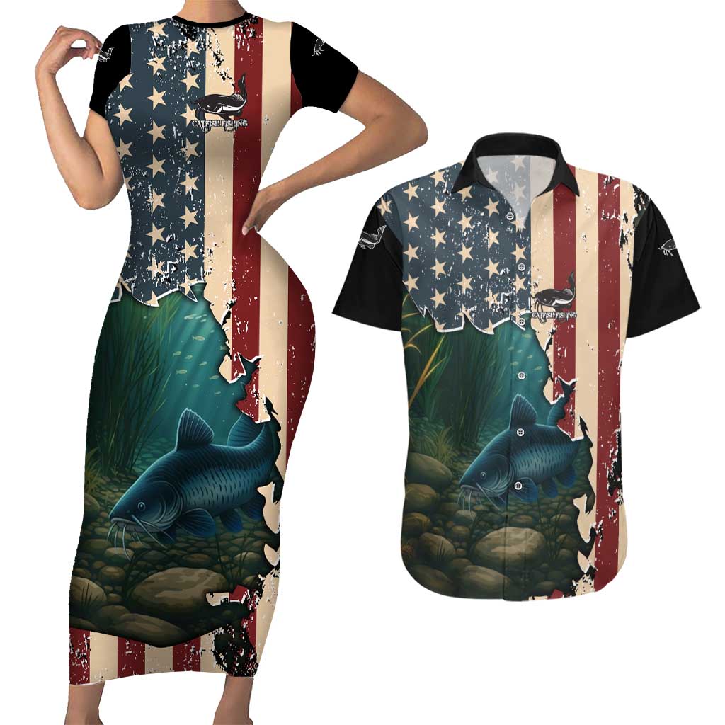 Catfish Fishing Couples Matching Short Sleeve Bodycon Dress and Hawaiian Shirt with Underwater Scene and Distressed American Flag Background - Wonder Print Shop