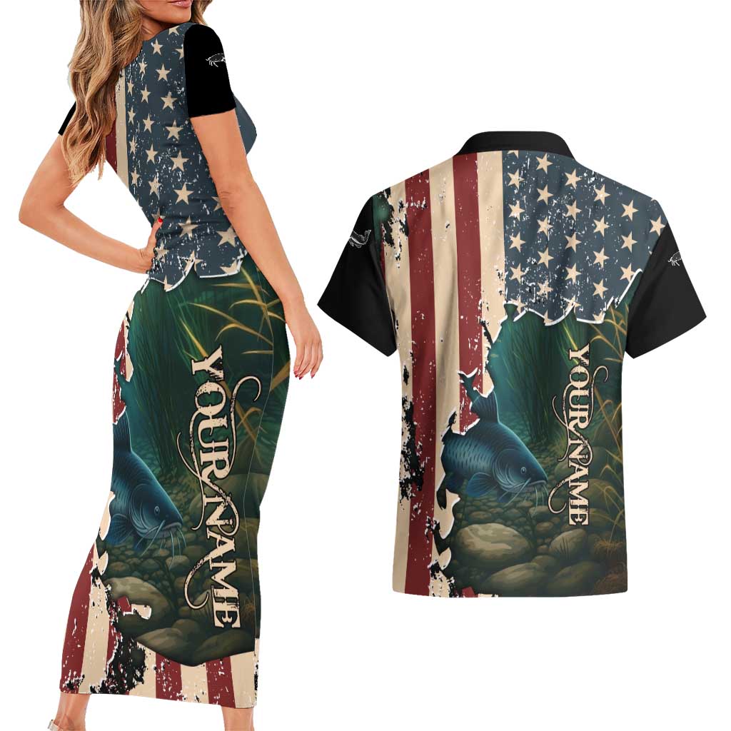 Catfish Fishing Couples Matching Short Sleeve Bodycon Dress and Hawaiian Shirt with Underwater Scene and Distressed American Flag Background - Wonder Print Shop