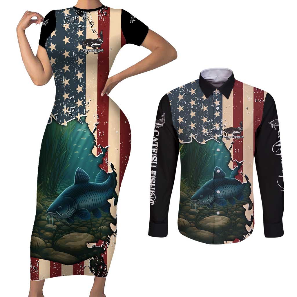 Catfish Fishing Couples Matching Short Sleeve Bodycon Dress and Long Sleeve Button Shirt with Underwater Scene and Distressed American Flag Background - Wonder Print Shop