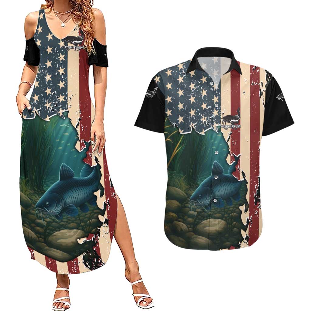 Catfish Fishing Couples Matching Summer Maxi Dress and Hawaiian Shirt with Underwater Scene and Distressed American Flag Background - Wonder Print Shop
