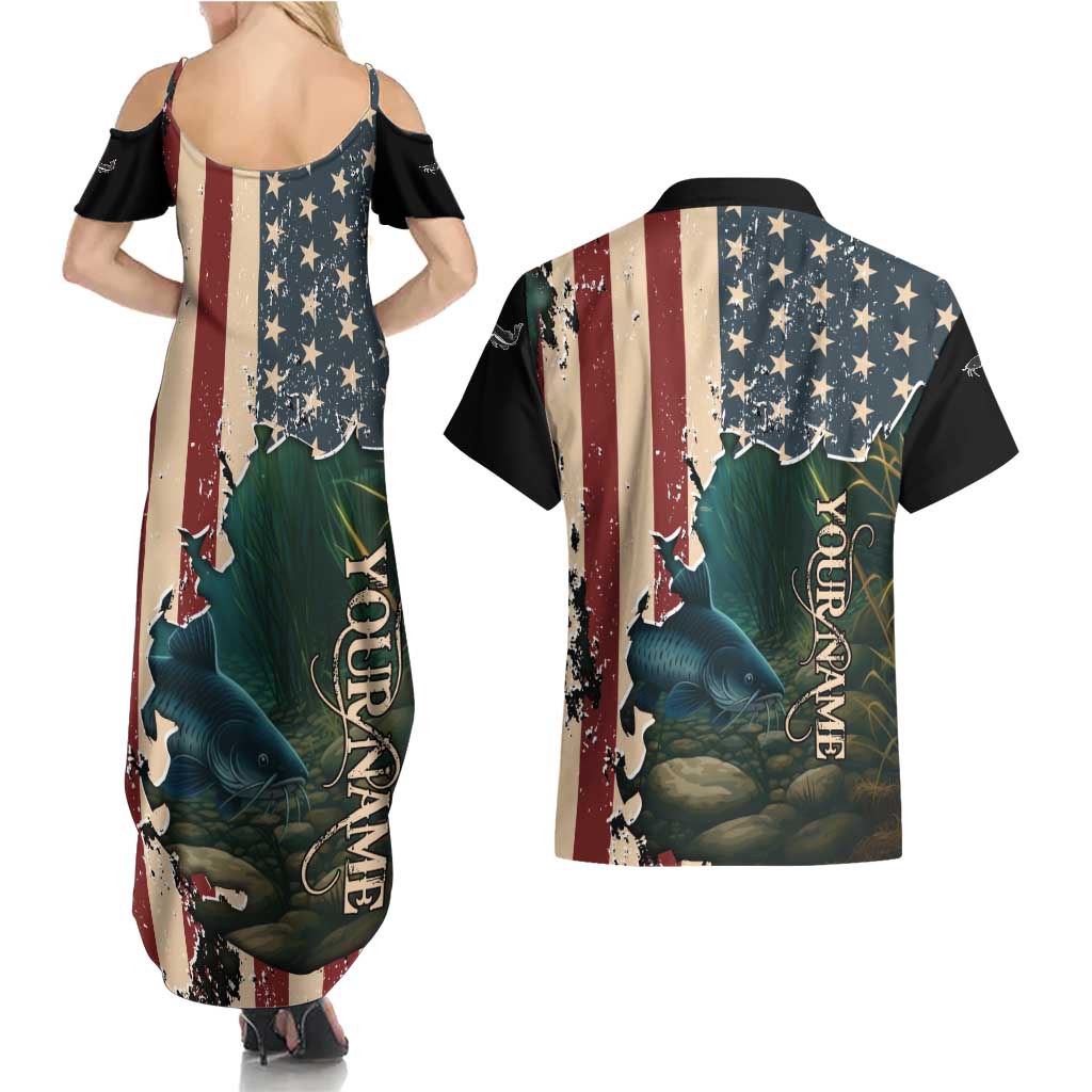 Catfish Fishing Couples Matching Summer Maxi Dress and Hawaiian Shirt with Underwater Scene and Distressed American Flag Background - Wonder Print Shop