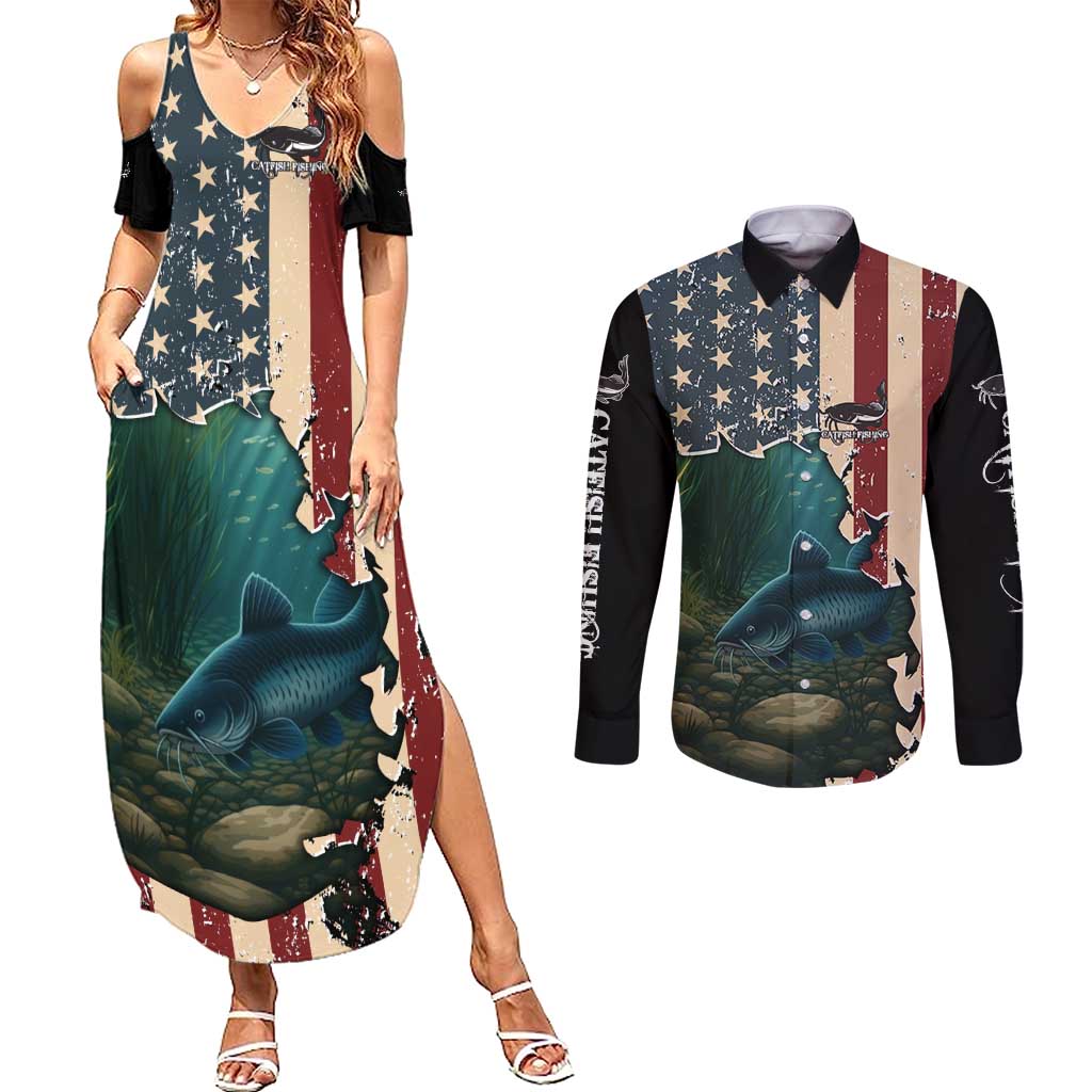 Catfish Fishing Couples Matching Summer Maxi Dress and Long Sleeve Button Shirt with Underwater Scene and Distressed American Flag Background - Wonder Print Shop