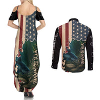 Catfish Fishing Couples Matching Summer Maxi Dress and Long Sleeve Button Shirt with Underwater Scene and Distressed American Flag Background - Wonder Print Shop