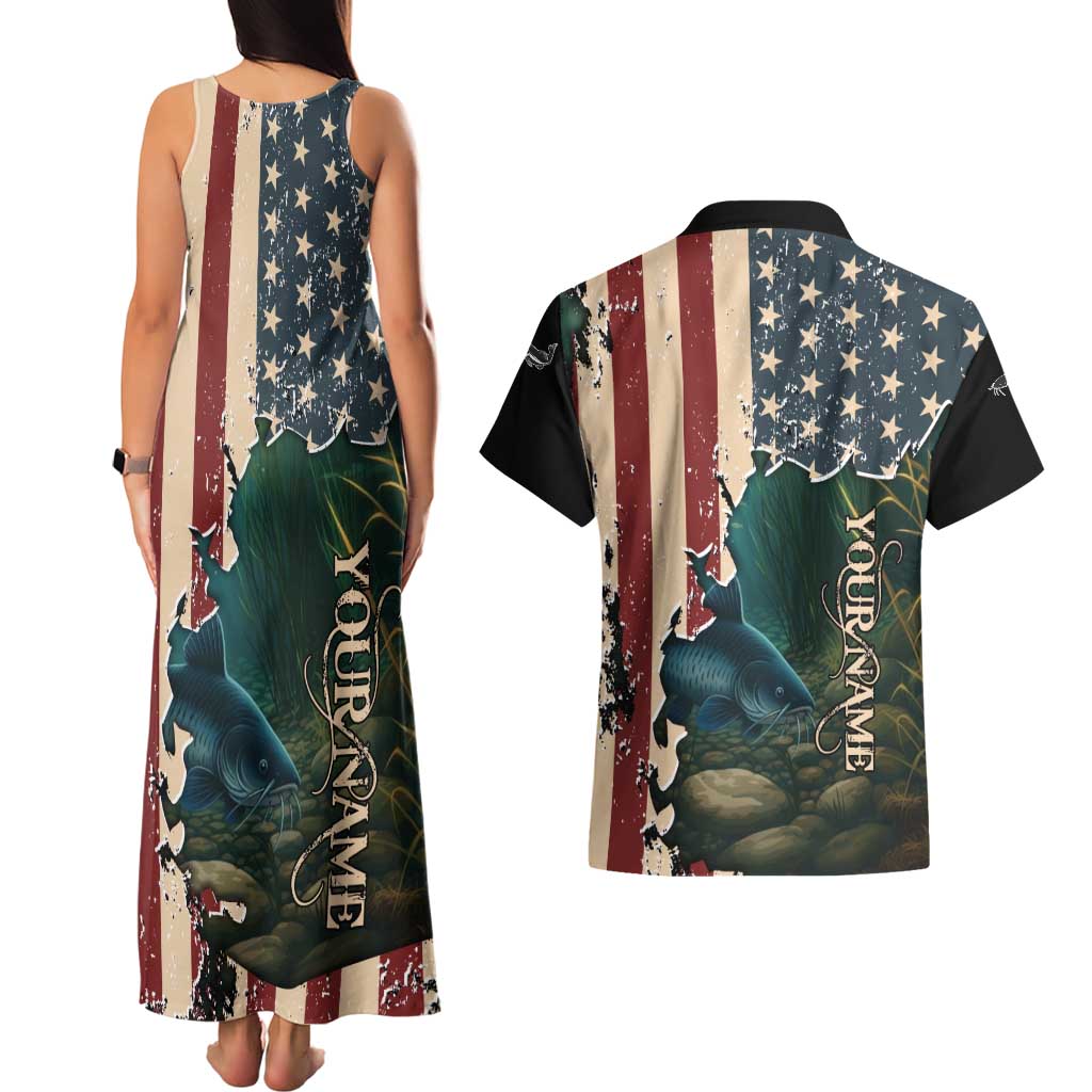 Catfish Fishing Couples Matching Tank Maxi Dress and Hawaiian Shirt with Underwater Scene and Distressed American Flag Background - Wonder Print Shop