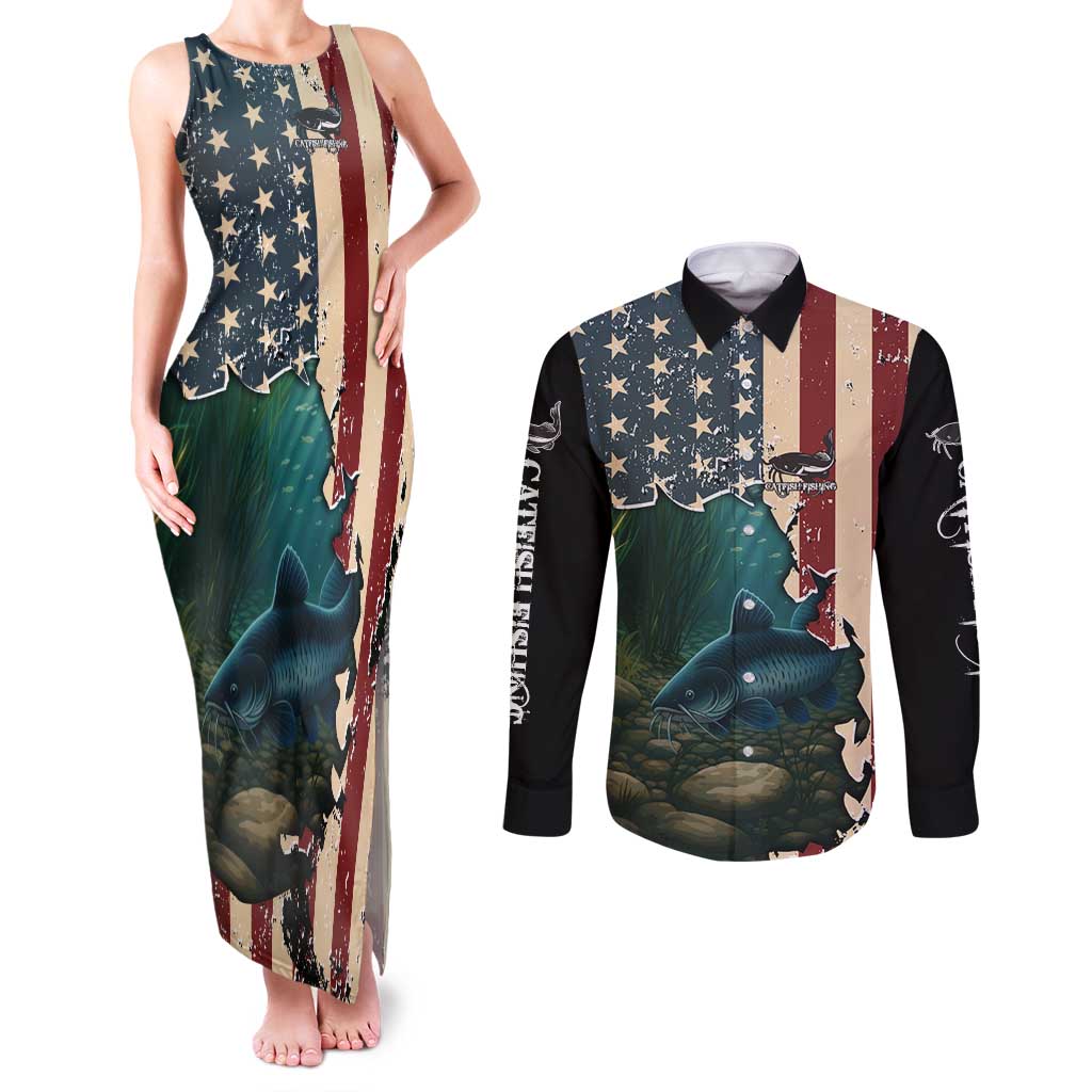 Catfish Fishing Couples Matching Tank Maxi Dress and Long Sleeve Button Shirt with Underwater Scene and Distressed American Flag Background - Wonder Print Shop
