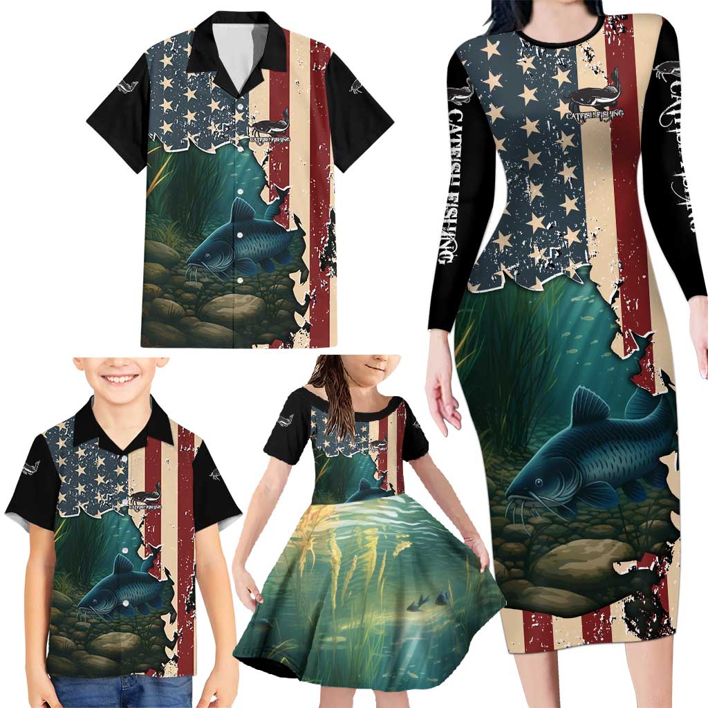 Catfish Fishing Family Matching Long Sleeve Bodycon Dress and Hawaiian Shirt with Underwater Scene and Distressed American Flag Background - Wonder Print Shop