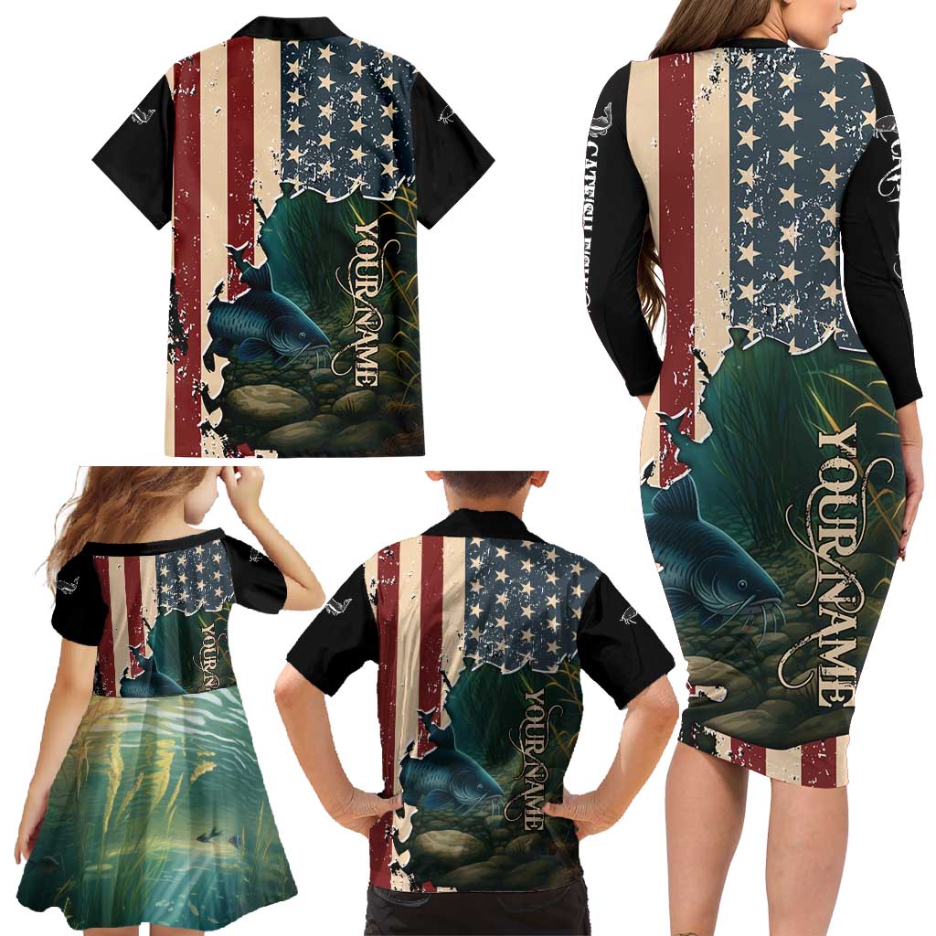 Catfish Fishing Family Matching Long Sleeve Bodycon Dress and Hawaiian Shirt with Underwater Scene and Distressed American Flag Background - Wonder Print Shop