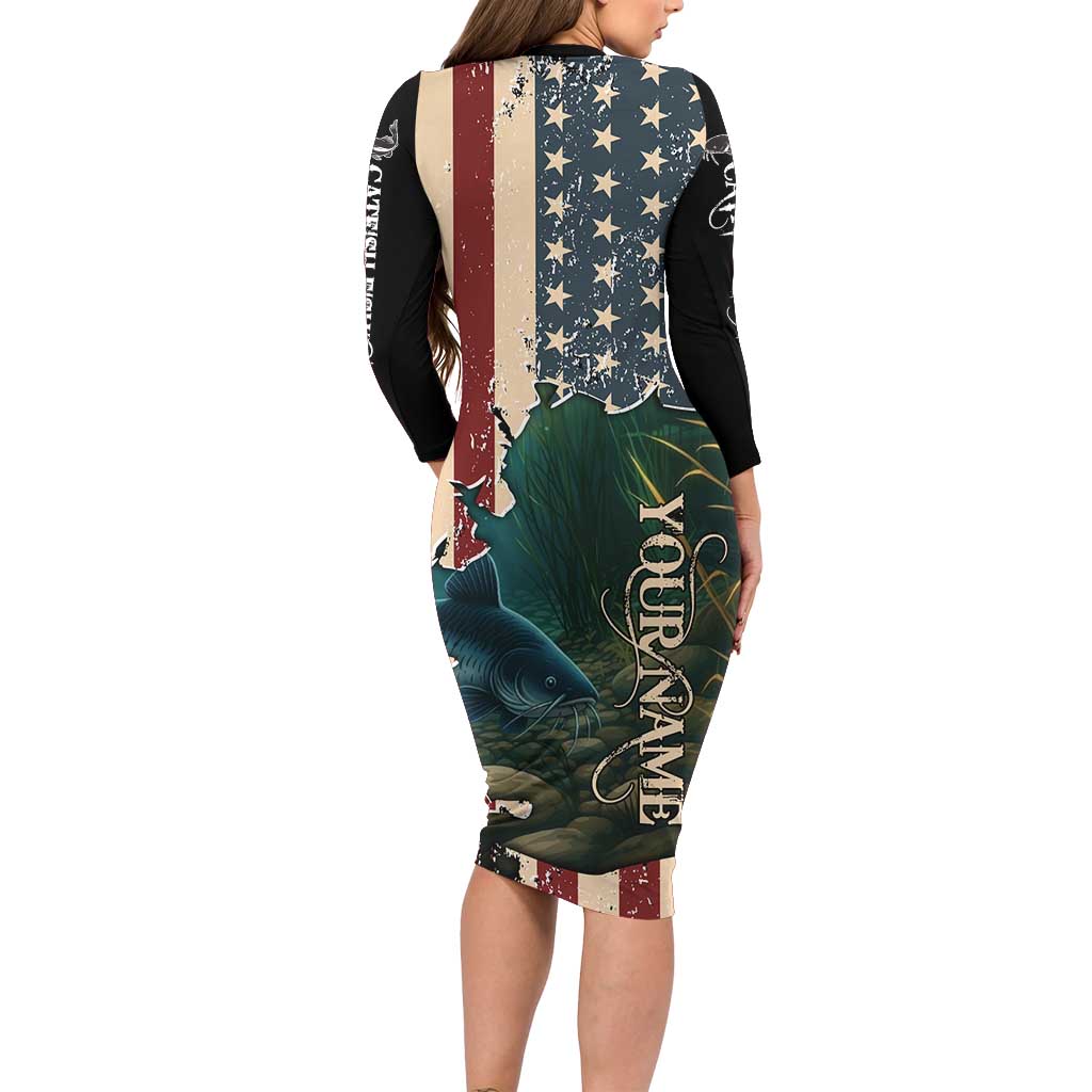 Catfish Fishing Family Matching Long Sleeve Bodycon Dress and Hawaiian Shirt with Underwater Scene and Distressed American Flag Background - Wonder Print Shop