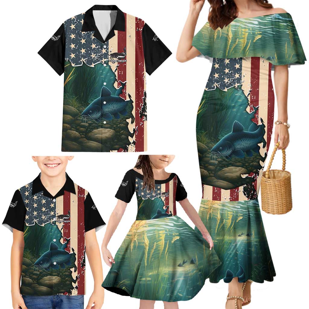 Catfish Fishing Family Matching Mermaid Dress and Hawaiian Shirt with Underwater Scene and Distressed American Flag Background - Wonder Print Shop
