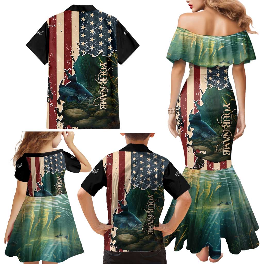 Catfish Fishing Family Matching Mermaid Dress and Hawaiian Shirt with Underwater Scene and Distressed American Flag Background - Wonder Print Shop