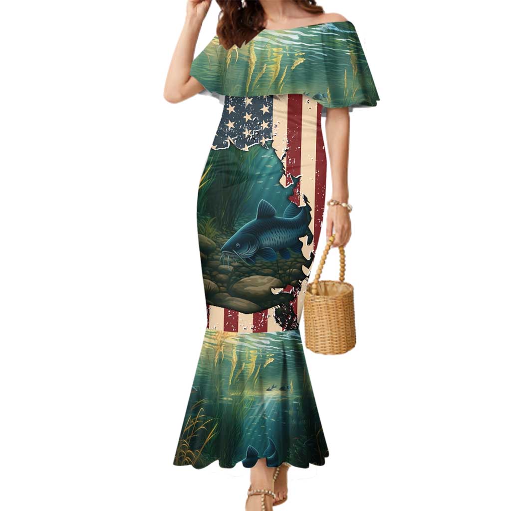 Catfish Fishing Family Matching Mermaid Dress and Hawaiian Shirt with Underwater Scene and Distressed American Flag Background - Wonder Print Shop