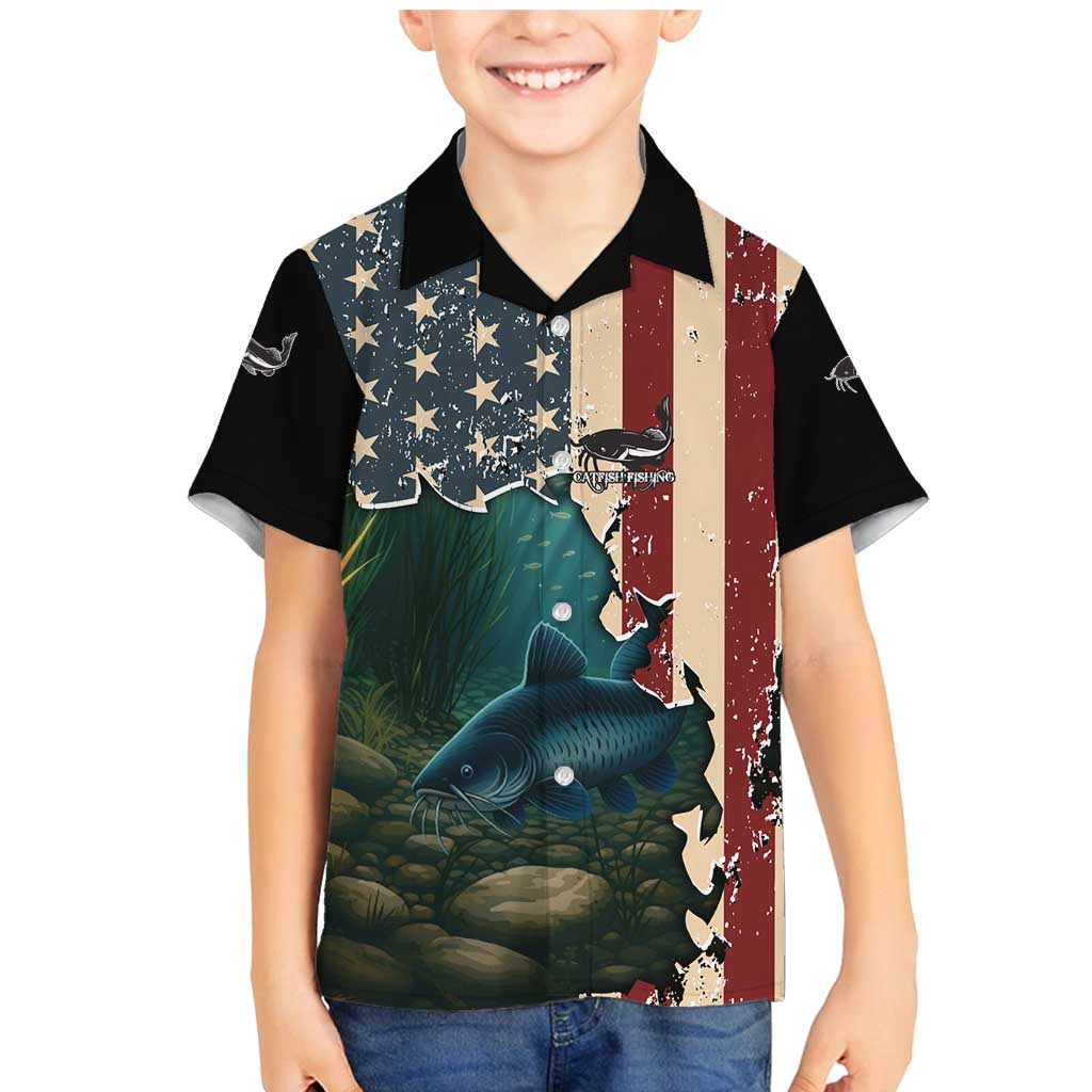 Catfish Fishing Family Matching Mermaid Dress and Hawaiian Shirt with Underwater Scene and Distressed American Flag Background - Wonder Print Shop