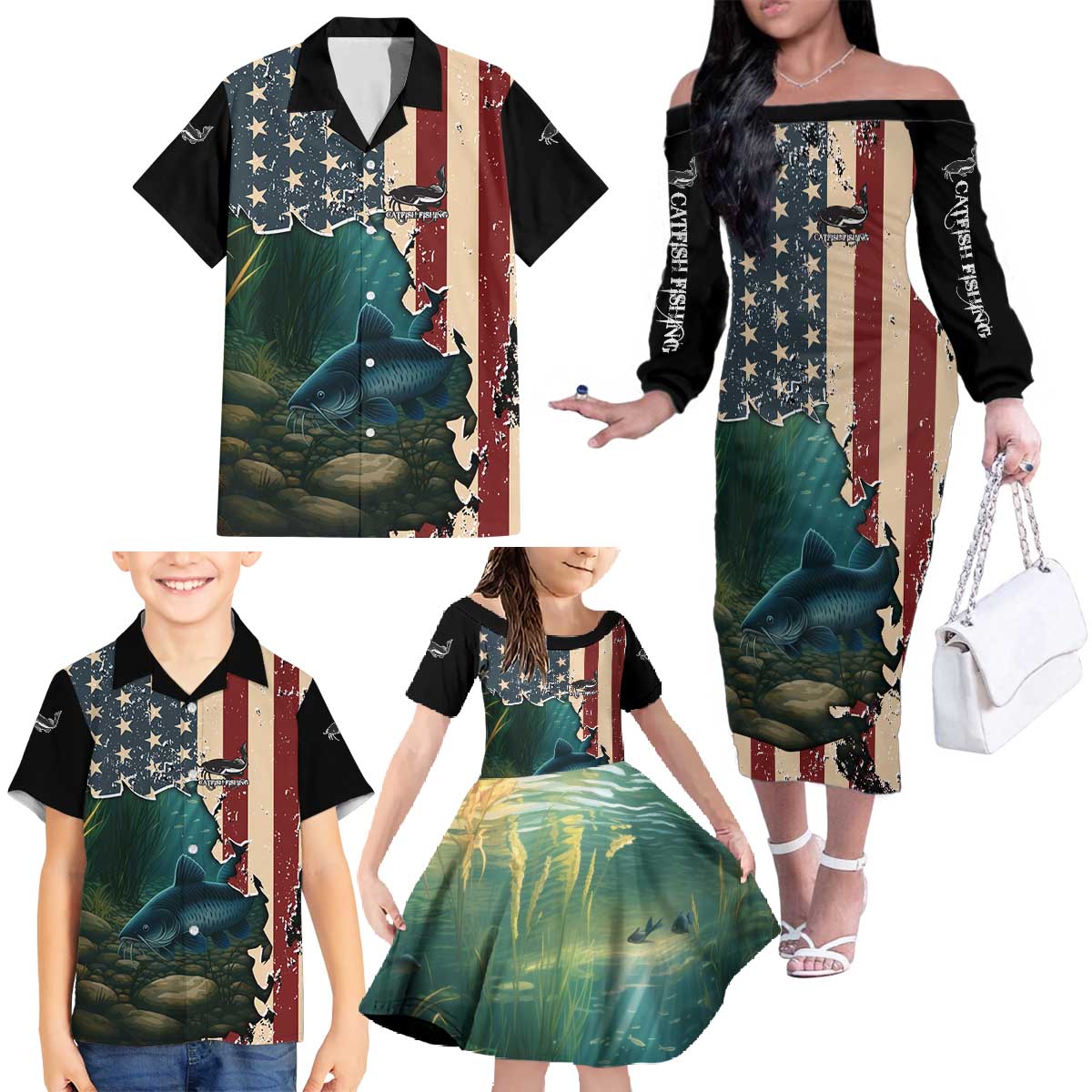 Catfish Fishing Family Matching Off The Shoulder Long Sleeve Dress and Hawaiian Shirt with Underwater Scene and Distressed American Flag Background - Wonder Print Shop