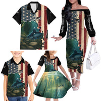 Catfish Fishing Family Matching Off The Shoulder Long Sleeve Dress and Hawaiian Shirt with Underwater Scene and Distressed American Flag Background - Wonder Print Shop