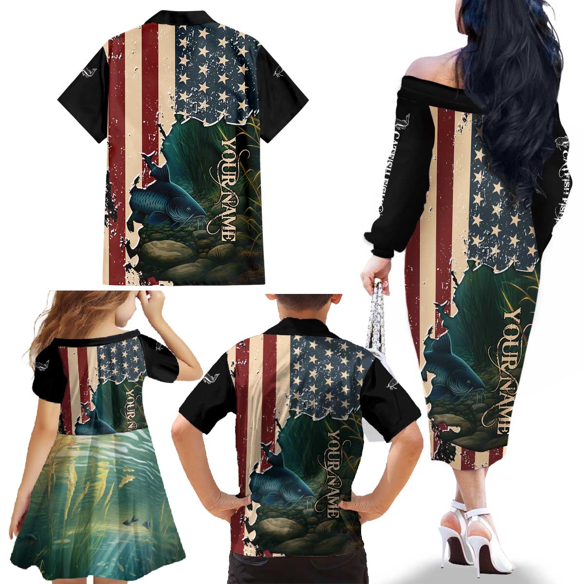 Catfish Fishing Family Matching Off The Shoulder Long Sleeve Dress and Hawaiian Shirt with Underwater Scene and Distressed American Flag Background - Wonder Print Shop