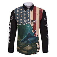 Catfish Fishing Family Matching Off The Shoulder Long Sleeve Dress and Hawaiian Shirt with Underwater Scene and Distressed American Flag Background - Wonder Print Shop