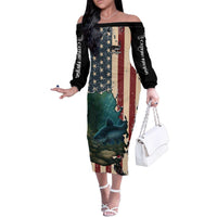 Catfish Fishing Family Matching Off The Shoulder Long Sleeve Dress and Hawaiian Shirt with Underwater Scene and Distressed American Flag Background - Wonder Print Shop