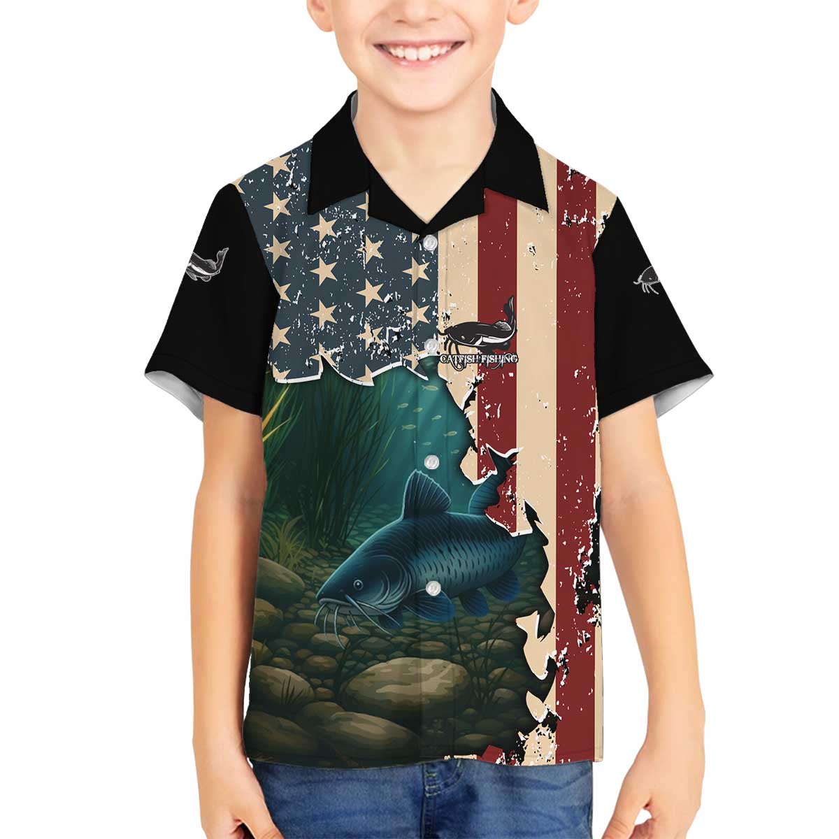 Catfish Fishing Family Matching Off The Shoulder Long Sleeve Dress and Hawaiian Shirt with Underwater Scene and Distressed American Flag Background - Wonder Print Shop