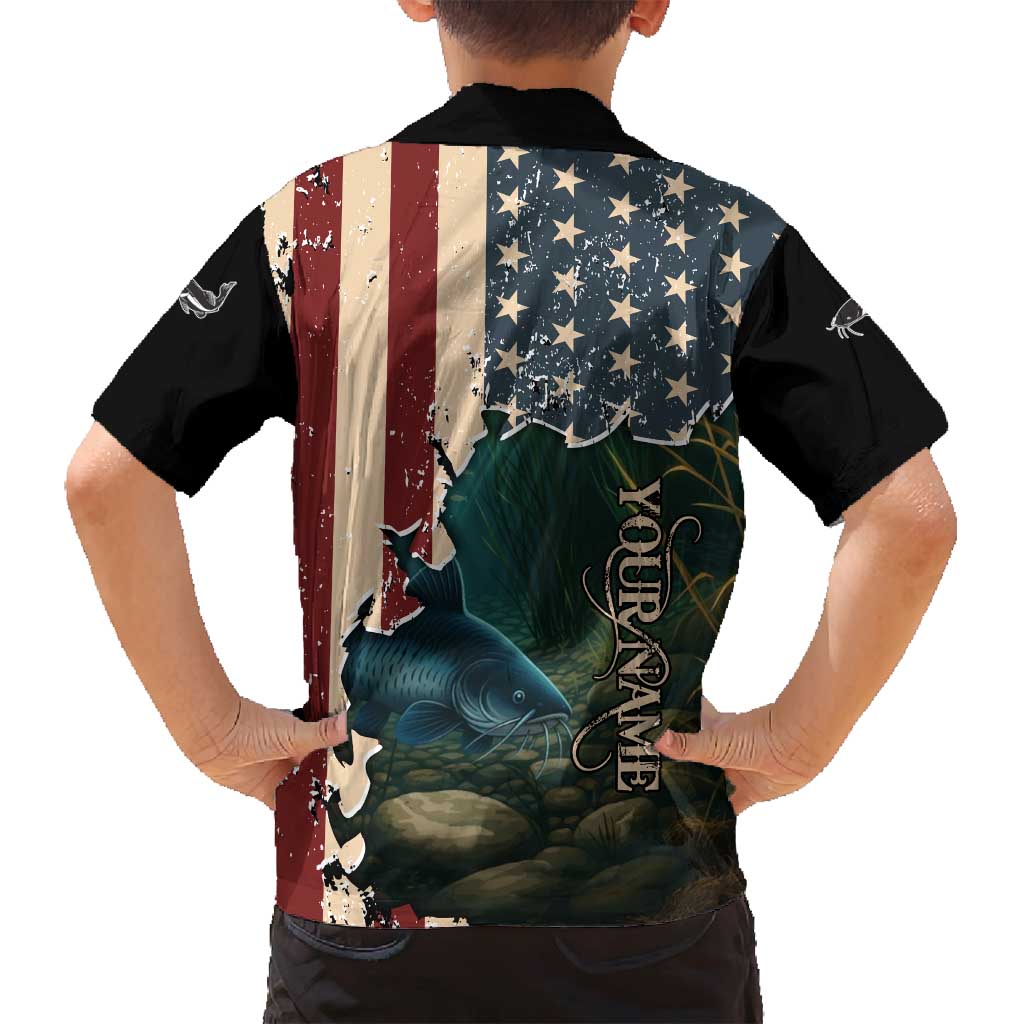 Catfish Fishing Family Matching Off Shoulder Maxi Dress and Hawaiian Shirt with Underwater Scene and Distressed American Flag Background - Wonder Print Shop