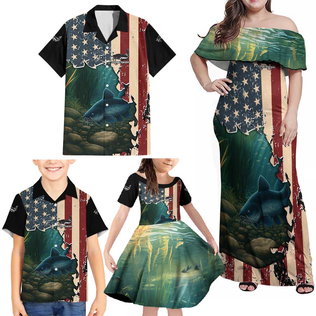 Catfish Fishing Family Matching Off Shoulder Maxi Dress and Hawaiian Shirt with Underwater Scene and Distressed American Flag Background - Wonder Print Shop