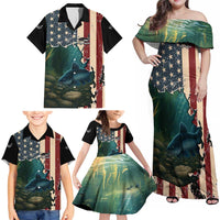 Catfish Fishing Family Matching Off Shoulder Maxi Dress and Hawaiian Shirt with Underwater Scene and Distressed American Flag Background - Wonder Print Shop