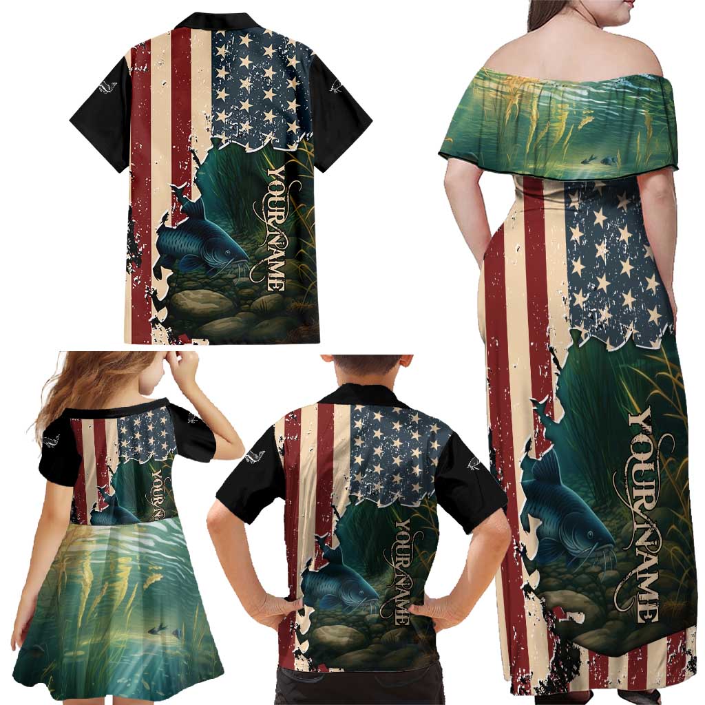 Catfish Fishing Family Matching Off Shoulder Maxi Dress and Hawaiian Shirt with Underwater Scene and Distressed American Flag Background - Wonder Print Shop