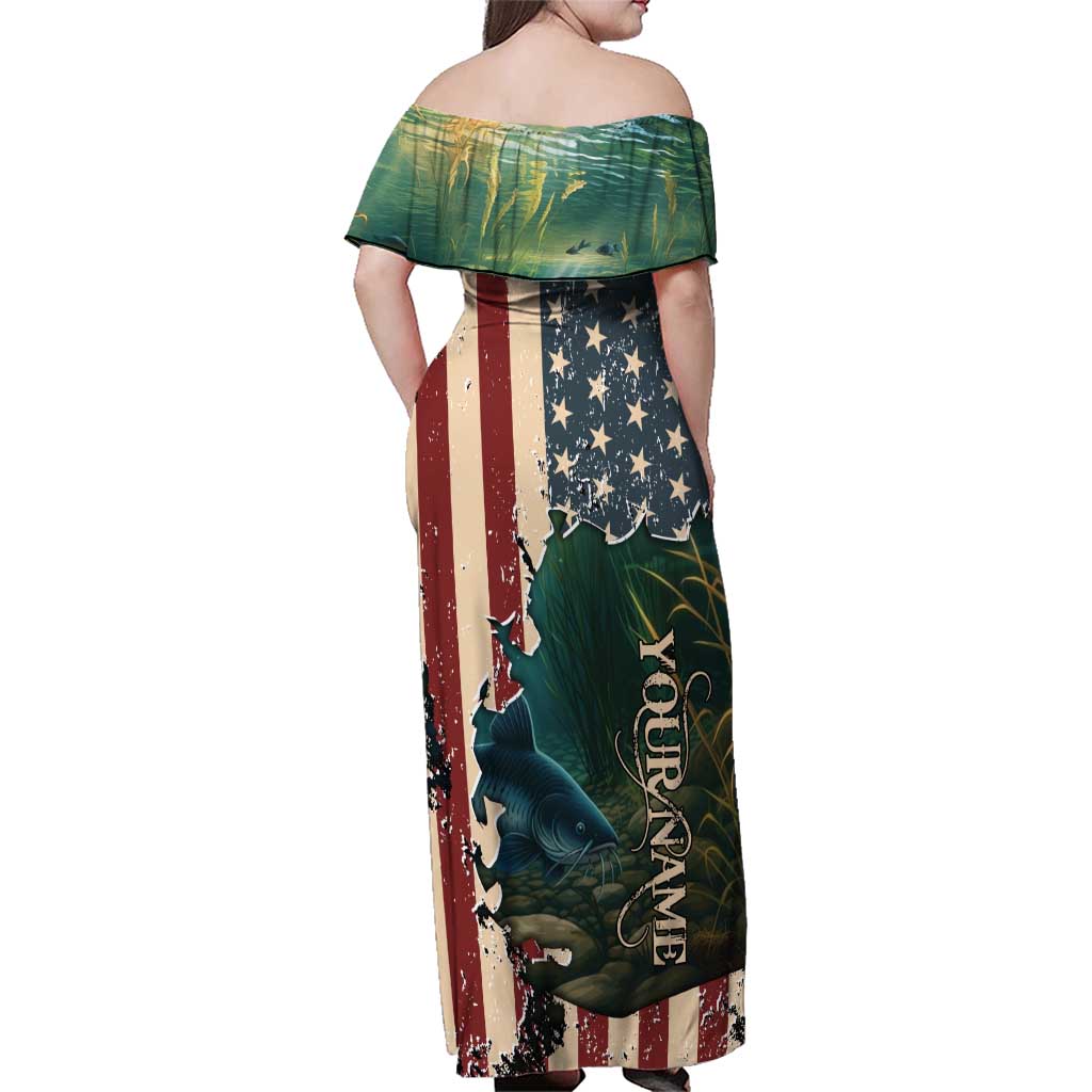 Catfish Fishing Family Matching Off Shoulder Maxi Dress and Hawaiian Shirt with Underwater Scene and Distressed American Flag Background - Wonder Print Shop