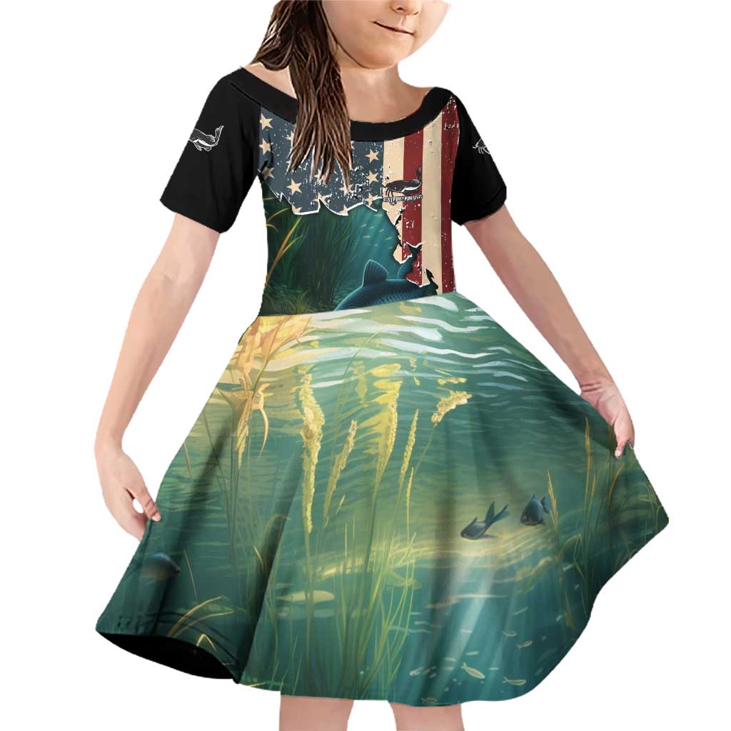Catfish Fishing Family Matching Off Shoulder Short Dress and Hawaiian Shirt with Underwater Scene and Distressed American Flag Background - Wonder Print Shop