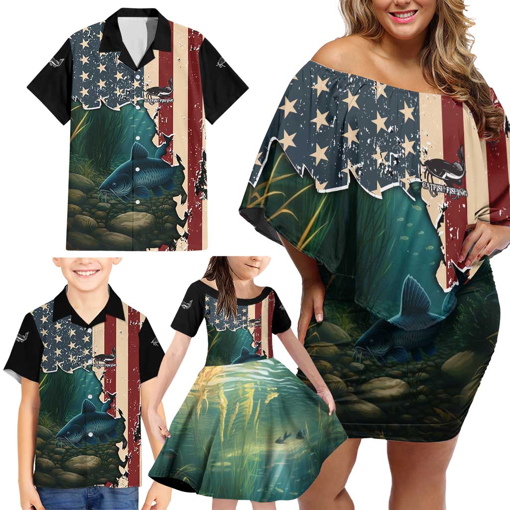 Catfish Fishing Family Matching Off Shoulder Short Dress and Hawaiian Shirt with Underwater Scene and Distressed American Flag Background - Wonder Print Shop