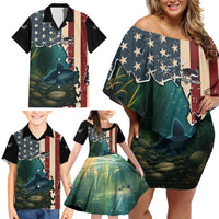 Catfish Fishing Family Matching Off Shoulder Short Dress and Hawaiian Shirt with Underwater Scene and Distressed American Flag Background - Wonder Print Shop