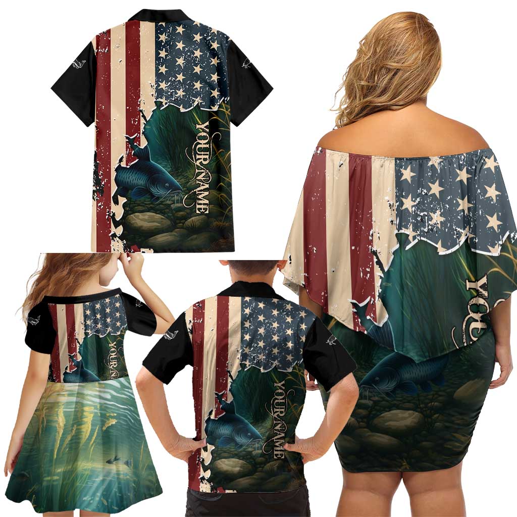 Catfish Fishing Family Matching Off Shoulder Short Dress and Hawaiian Shirt with Underwater Scene and Distressed American Flag Background - Wonder Print Shop