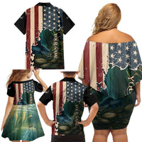 Catfish Fishing Family Matching Off Shoulder Short Dress and Hawaiian Shirt with Underwater Scene and Distressed American Flag Background - Wonder Print Shop