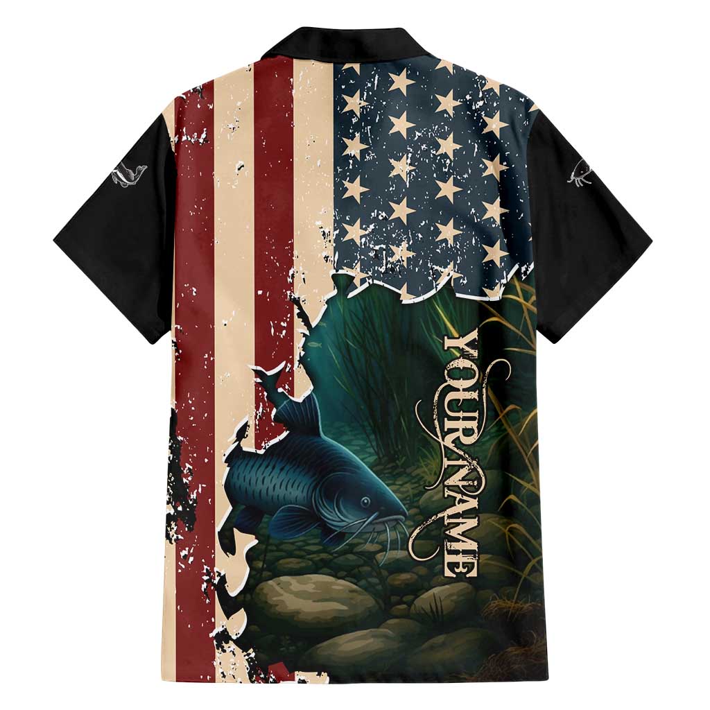 Catfish Fishing Family Matching Off Shoulder Short Dress and Hawaiian Shirt with Underwater Scene and Distressed American Flag Background - Wonder Print Shop