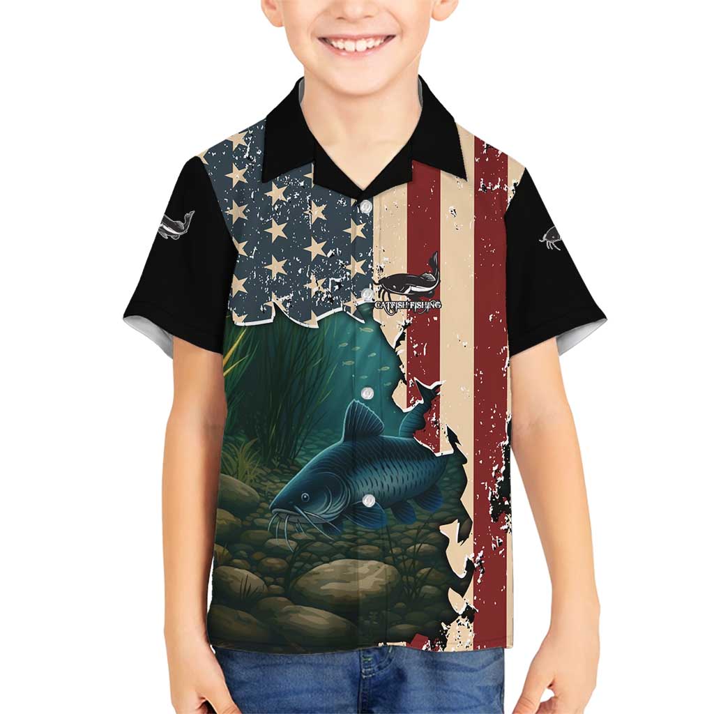 Catfish Fishing Family Matching Off Shoulder Short Dress and Hawaiian Shirt with Underwater Scene and Distressed American Flag Background - Wonder Print Shop