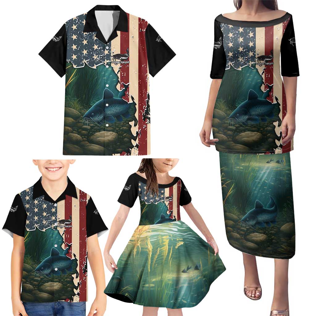 Catfish Fishing Family Matching Puletasi and Hawaiian Shirt with Underwater Scene and Distressed American Flag Background - Wonder Print Shop