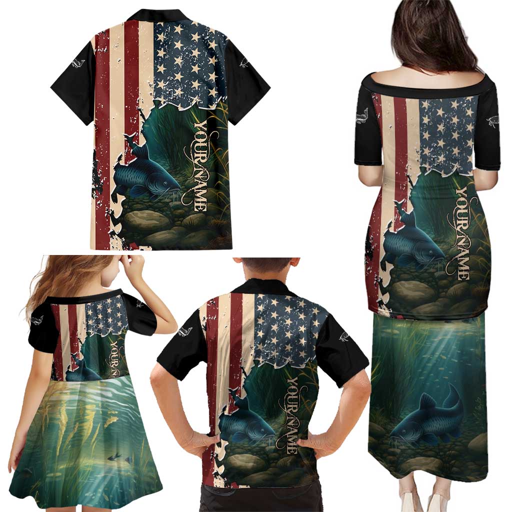 Catfish Fishing Family Matching Puletasi and Hawaiian Shirt with Underwater Scene and Distressed American Flag Background - Wonder Print Shop