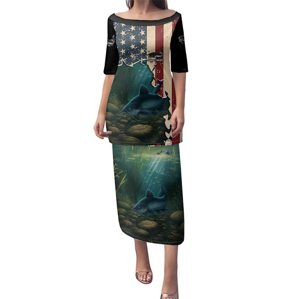 Catfish Fishing Family Matching Puletasi and Hawaiian Shirt with Underwater Scene and Distressed American Flag Background - Wonder Print Shop