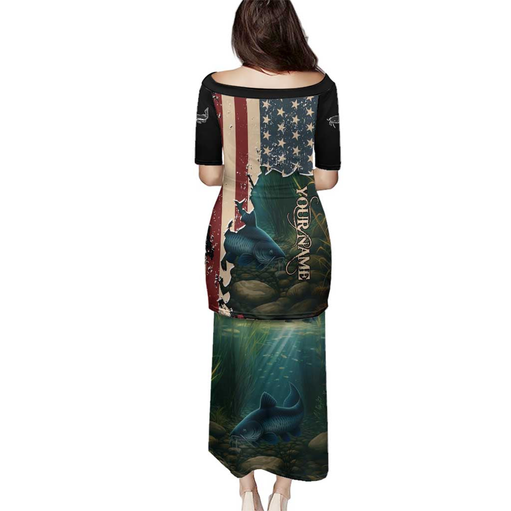 Catfish Fishing Family Matching Puletasi and Hawaiian Shirt with Underwater Scene and Distressed American Flag Background - Wonder Print Shop