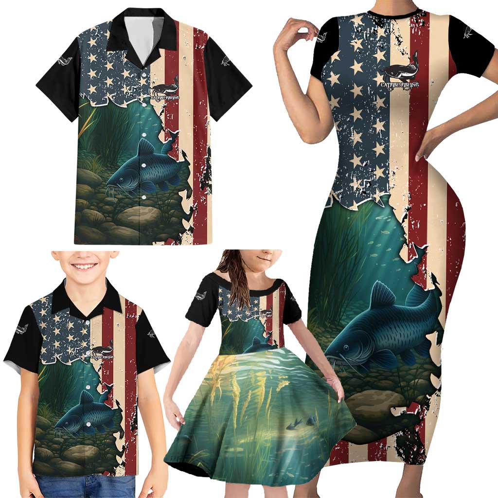 Catfish Fishing Family Matching Short Sleeve Bodycon Dress and Hawaiian Shirt with Underwater Scene and Distressed American Flag Background - Wonder Print Shop
