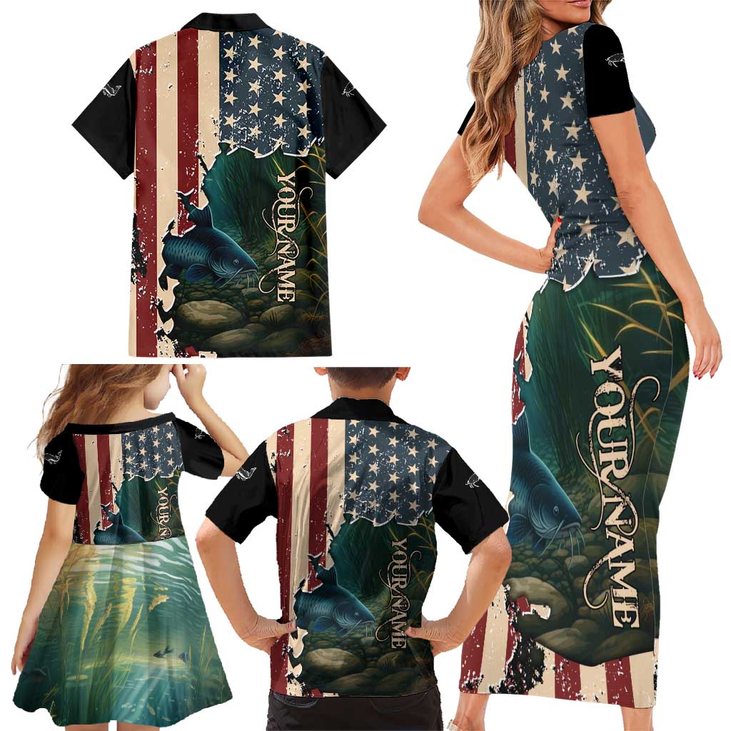 Catfish Fishing Family Matching Short Sleeve Bodycon Dress and Hawaiian Shirt with Underwater Scene and Distressed American Flag Background - Wonder Print Shop