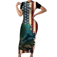 Catfish Fishing Family Matching Short Sleeve Bodycon Dress and Hawaiian Shirt with Underwater Scene and Distressed American Flag Background - Wonder Print Shop
