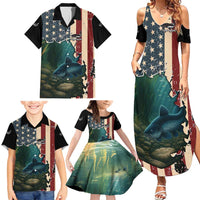 Catfish Fishing Family Matching Summer Maxi Dress and Hawaiian Shirt with Underwater Scene and Distressed American Flag Background - Wonder Print Shop