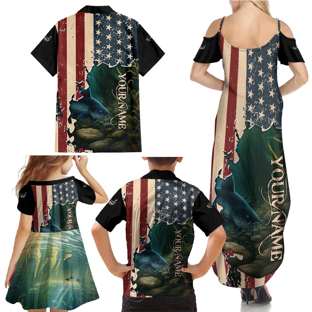 Catfish Fishing Family Matching Summer Maxi Dress and Hawaiian Shirt with Underwater Scene and Distressed American Flag Background - Wonder Print Shop
