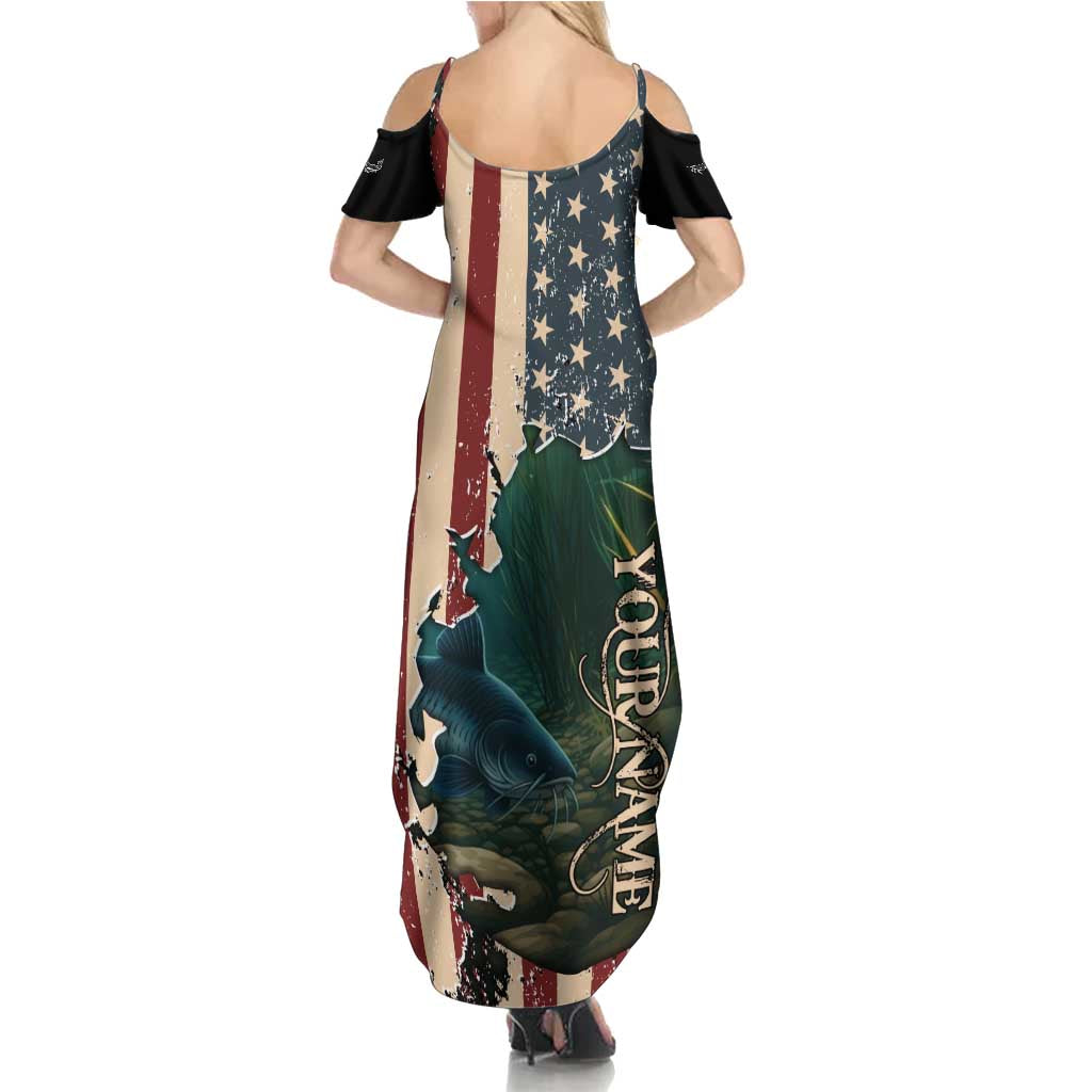 Catfish Fishing Family Matching Summer Maxi Dress and Hawaiian Shirt with Underwater Scene and Distressed American Flag Background - Wonder Print Shop