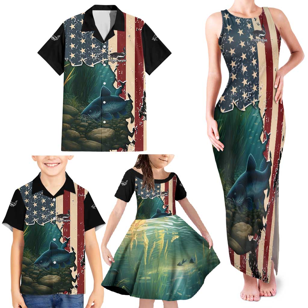 Catfish Fishing Family Matching Tank Maxi Dress and Hawaiian Shirt with Underwater Scene and Distressed American Flag Background - Wonder Print Shop