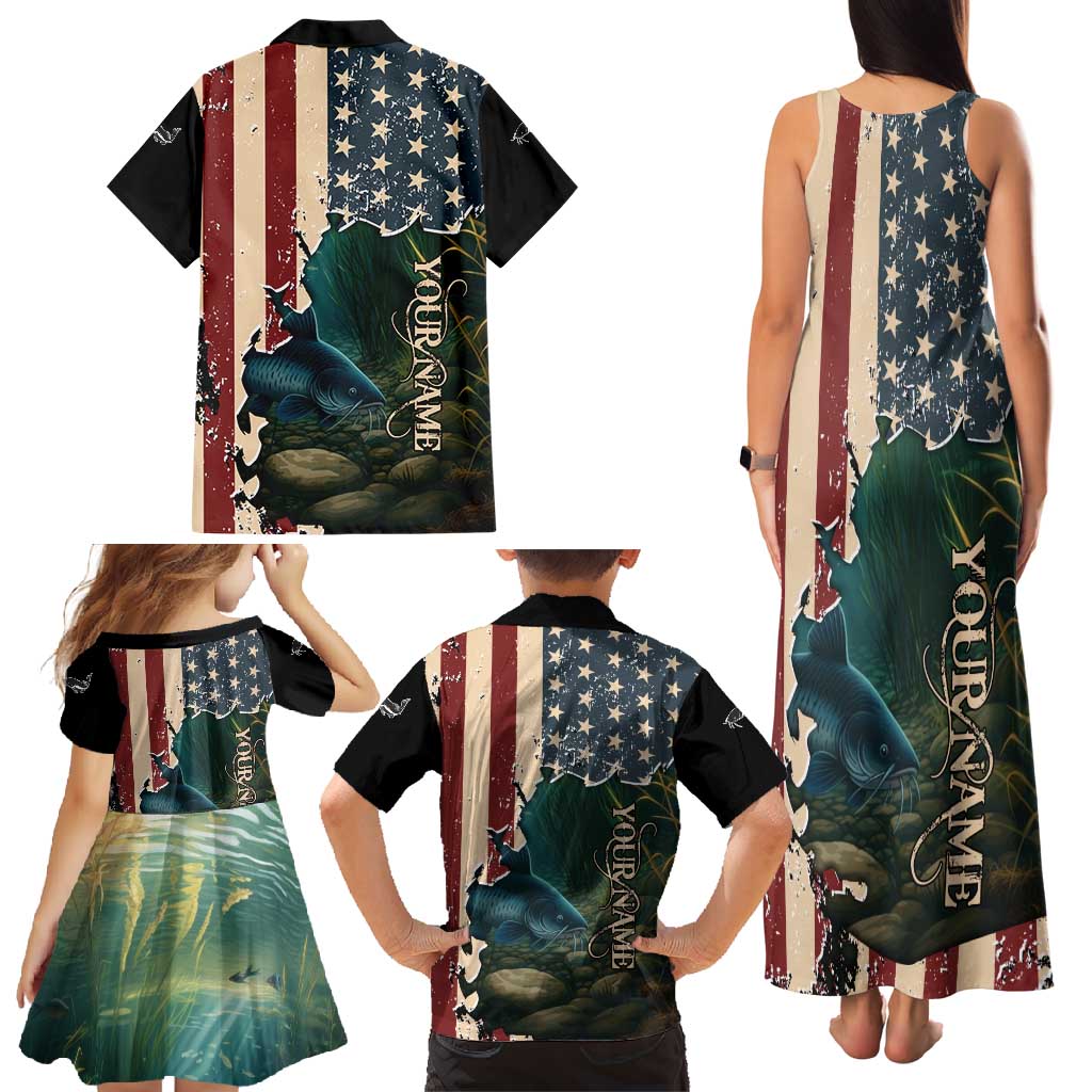 Catfish Fishing Family Matching Tank Maxi Dress and Hawaiian Shirt with Underwater Scene and Distressed American Flag Background - Wonder Print Shop