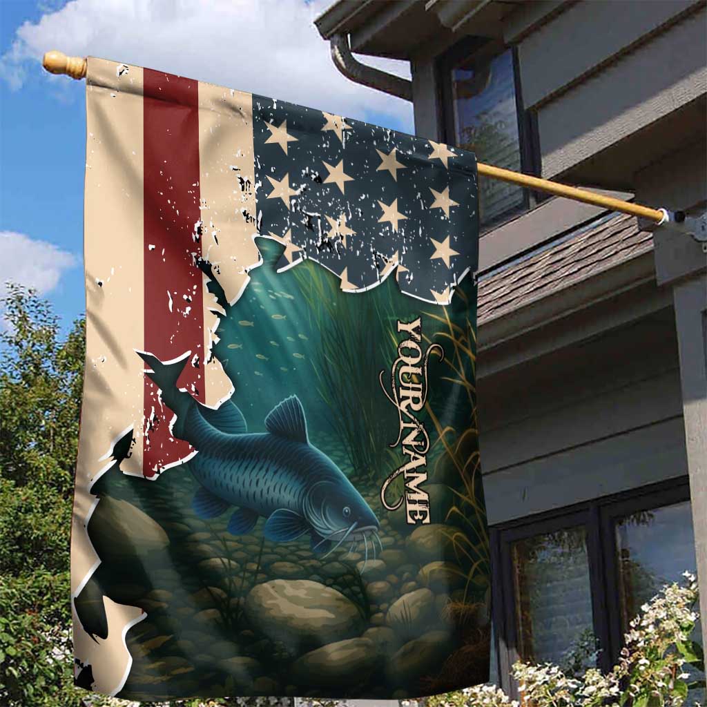 Catfish Fishing Garden Flag with Underwater Scene and Distressed American Flag Background - Wonder Print Shop