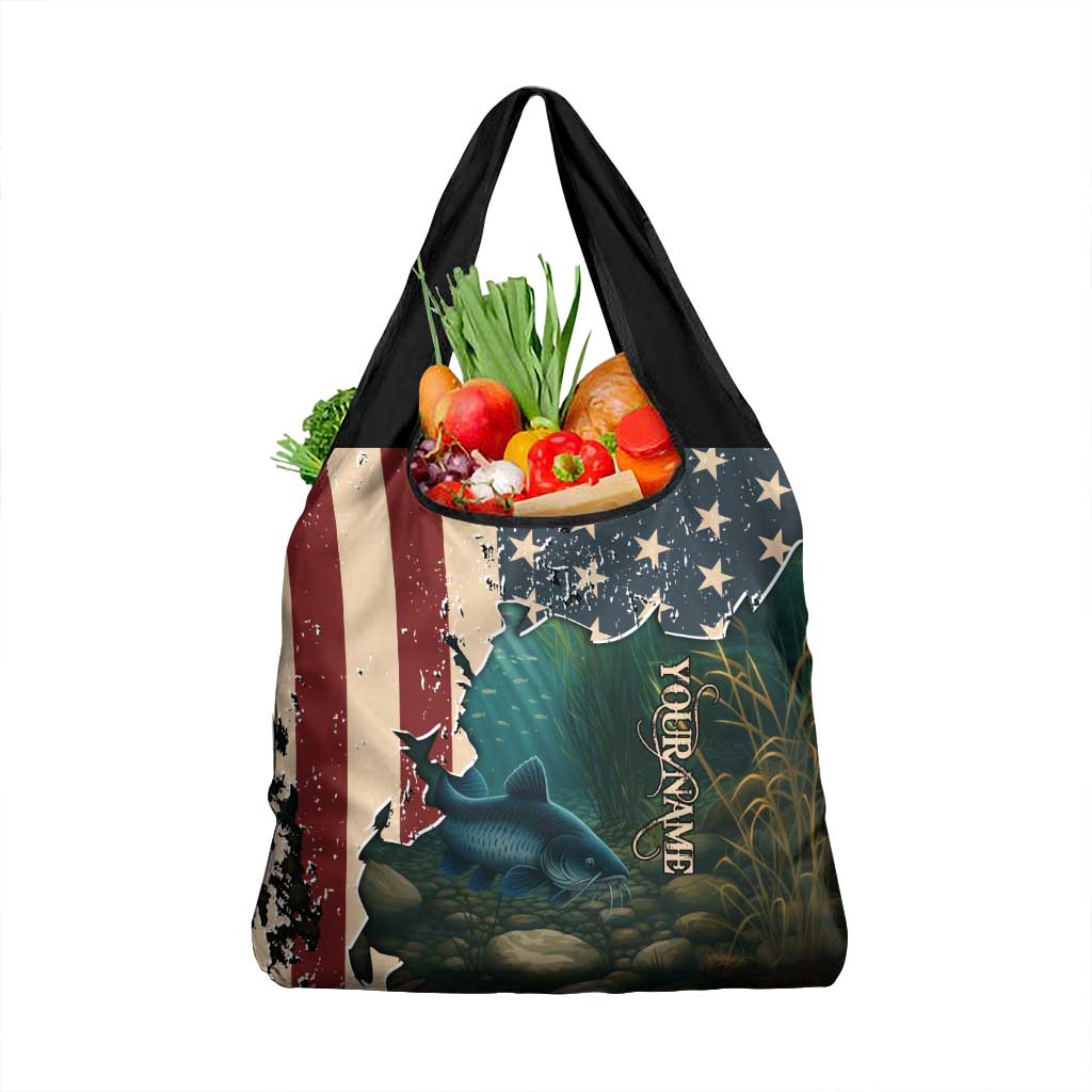 Catfish Fishing Grocery Bag with Underwater Scene and Distressed American Flag Background - Wonder Print Shop