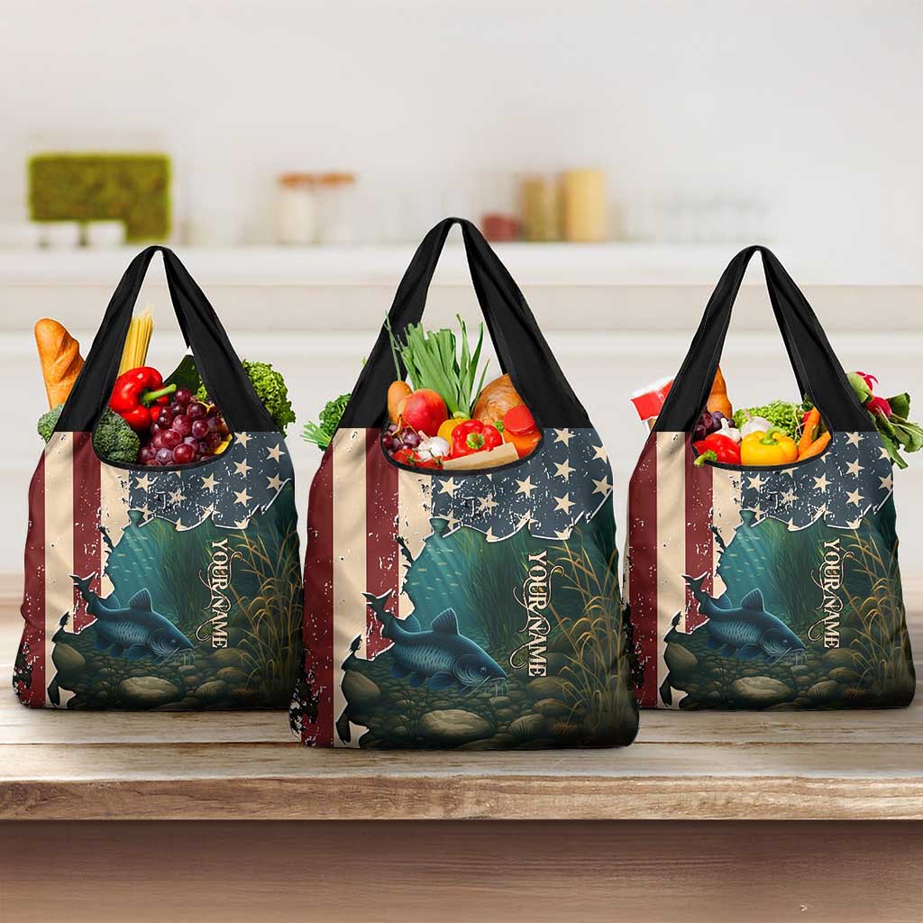 Catfish Fishing Grocery Bag with Underwater Scene and Distressed American Flag Background - Wonder Print Shop